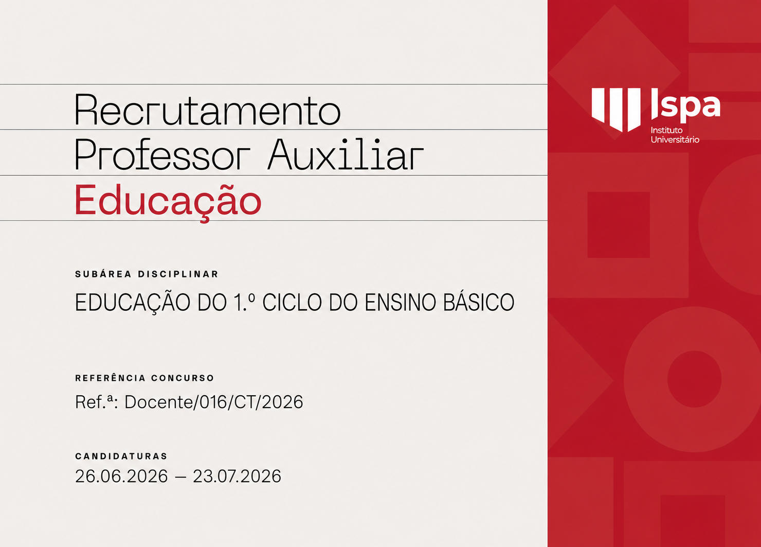 Ispa abre concurso internacional para Professor Auxiliar na área da Educação